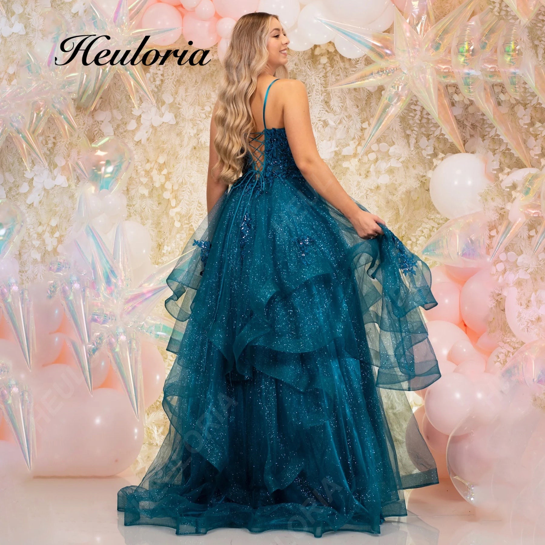 HEULORIA Sparkling Glitter Tiered Tulle Prom Dress - Plunging V-Neck & Lace-Up Corset Back ED-409