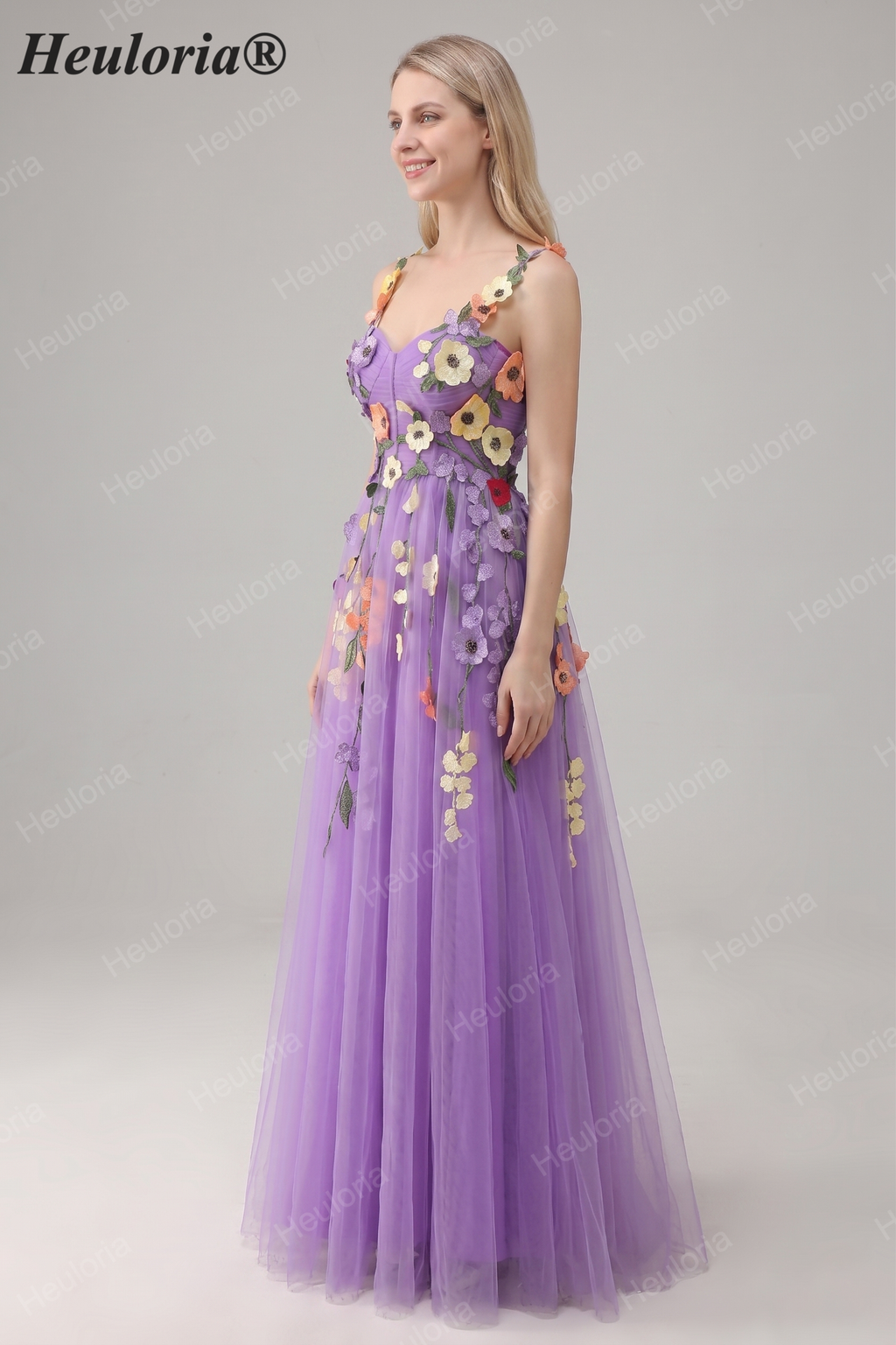 Heuloria Enchanted Garden 3D Floral Appliqué Tulle Prom Dress - Whimsical A-Line Formal Gown ED-585
