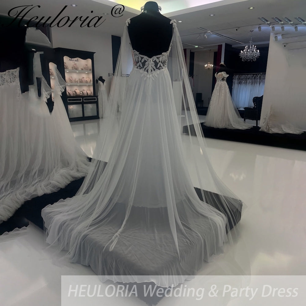 HEULORIA Boho V Neck A-Line Wedding Dress Chiffon Backless lace Court Train Bridal Dresses  Customized AL-925