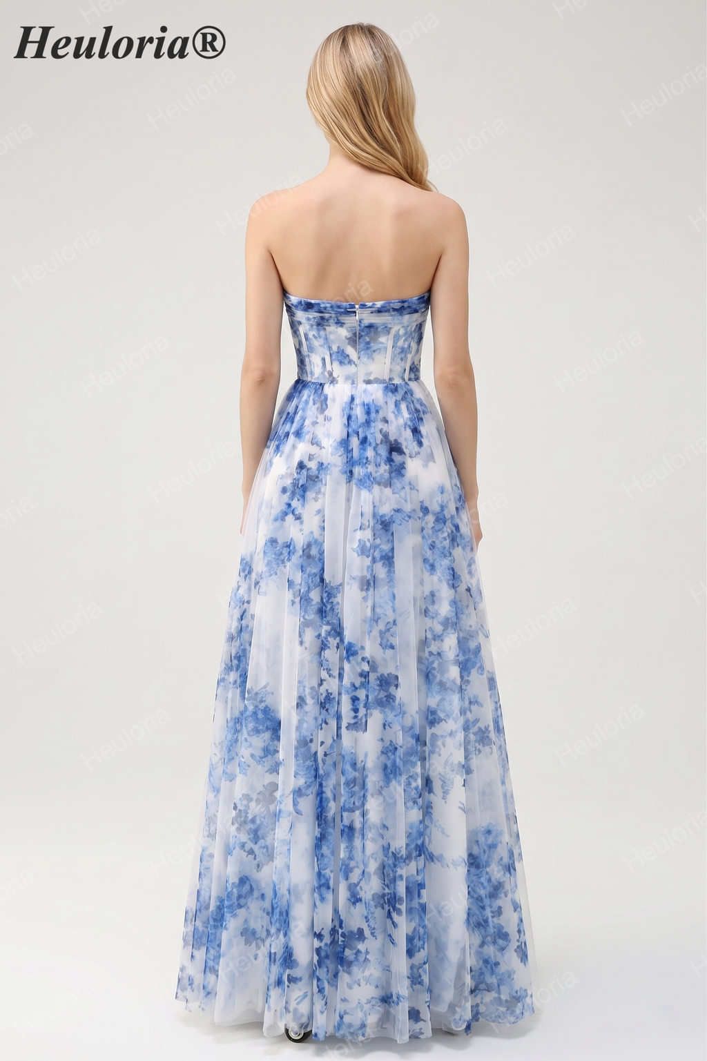 Heuloria Dreamy Blue Floral Strapless Tulle Prom Dress with High Slit and Corset Bodice ED-509