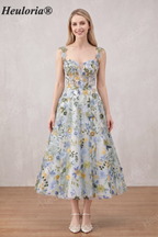 HEULORIA Whimsical Floral Embroidered Tea-Length A-Line Dress with Illusion V-Neck and Corset Back ED-669 tea