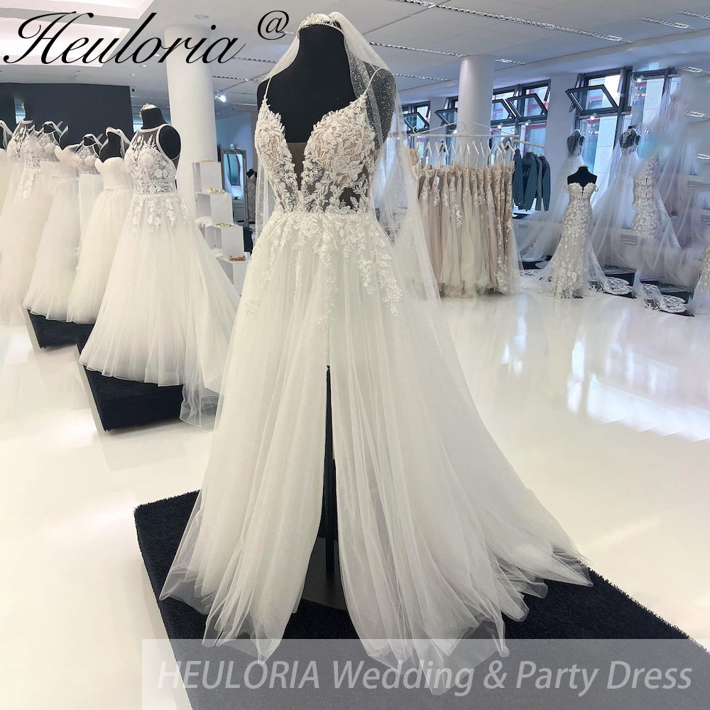 HEULORIA Luxury Beads Lace Appliques Wedding Dress with Spaghetti Straps high Split Backless Bridal dress AL-923