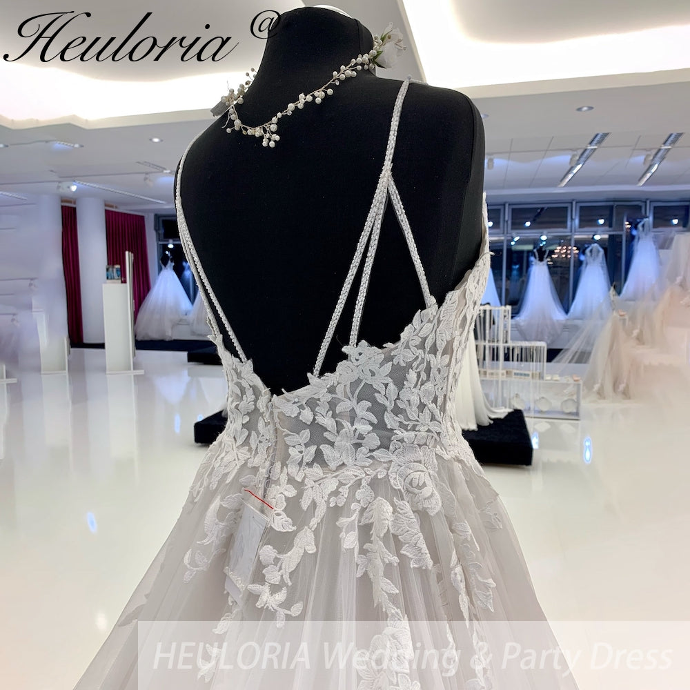 HEULORIA  Spaghetti Straps a line Wedding dress For Bride Lace Backless bridal dress Robe De Mariée Customized AL-928