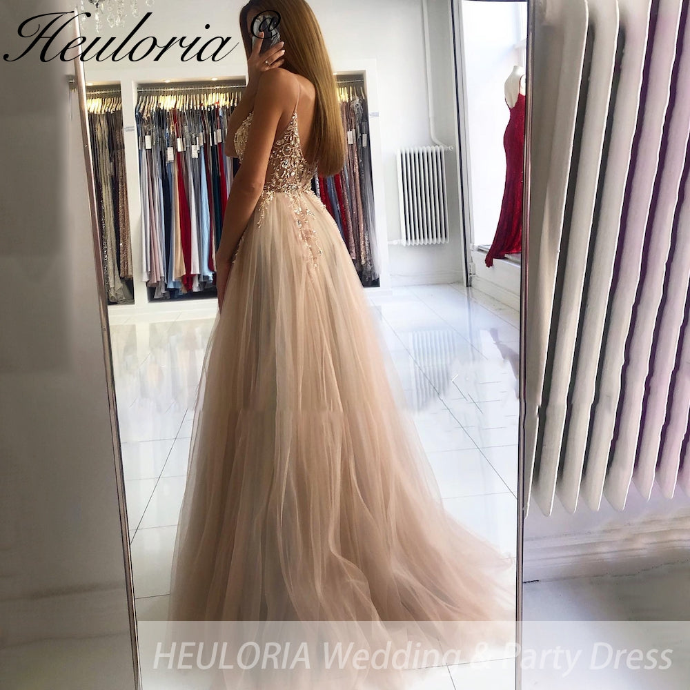 Elegant A-Line Evening Dress Sleeveless Tulle Dress Split Sequins Beading Sweep Train Wedding Guest Dress 2025 Free Customized