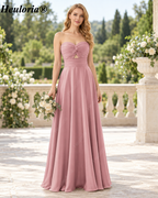 HEULORIA Dark Green Strapless Satin A-Line Bridesmaid Dress with Ruched Cutout Bodice – ED-265