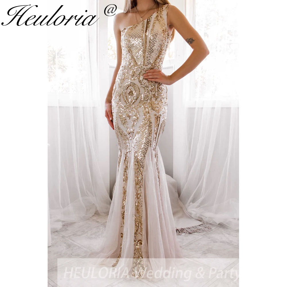 New Sexy Gold mermaid evening dresses one shoulder dresses for women party vestidos de fiesta robe de soiree de mariage