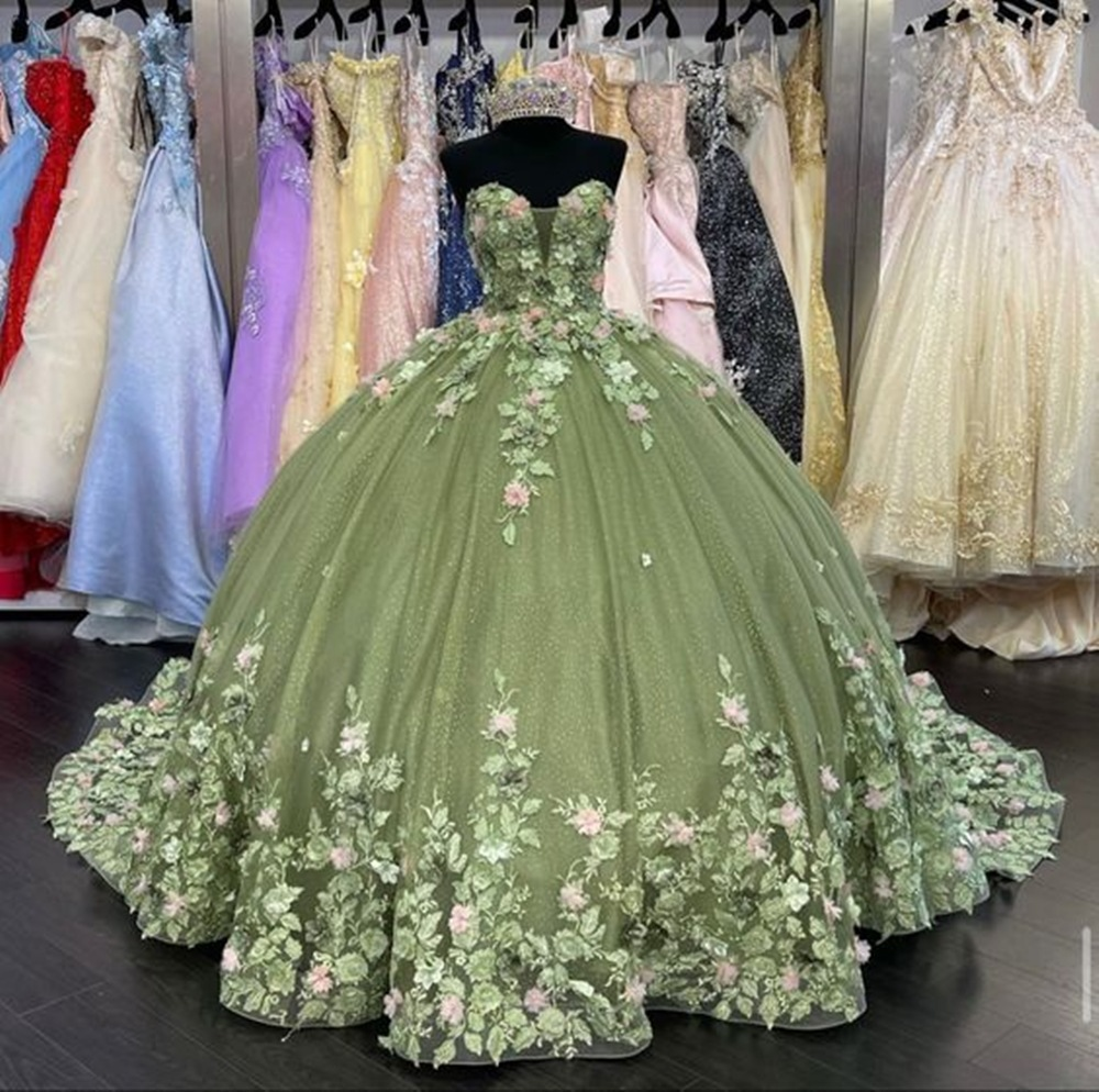 Sage Green 3D Floral Sweetheart Ball Gown Quinceañera Dress