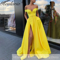 Off Shoulder Satin Prom Dresses Long Sexy High Slit Evening Gowns Elegant High Waist Prom Dress Robe De Soiree