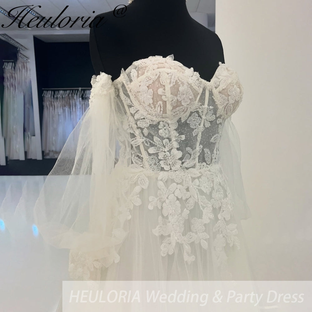 HEULORIA Elegant Off Shoulder A Line Wedding Dresses lace bride dress puffy sleeve Robe de mariee AL-943
