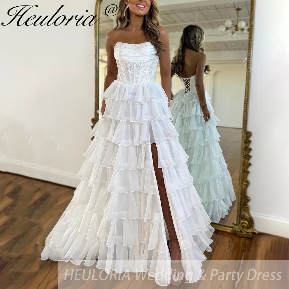 Sexy Strapless evening dress Chiffon Blue Tiered Ruffles with Slit Crystal A-Line Lace-upParty Gowns Customized