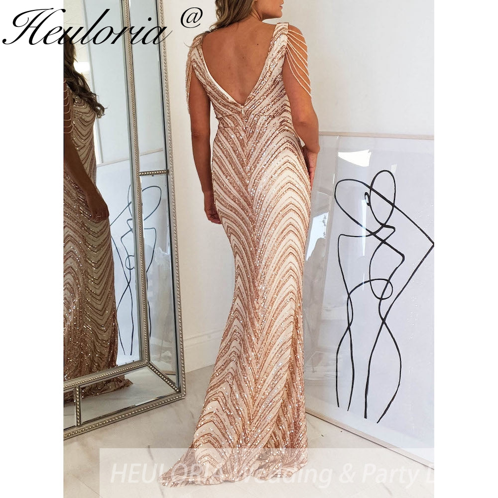 sparky sequin mermaid evening dresses V neck bead tassel formal prom dress