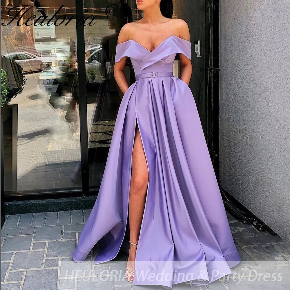 Off The Shoulder Satin Evening Dresses High Split Sexy With Pockets Lace Up Back Vintage Long Prom Dresses Wedding Party Gowns