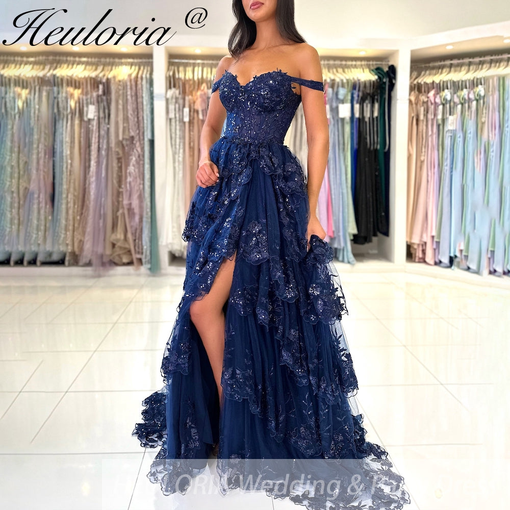 Sparkly A line Prom Formal Dresses Sequins Appliques Ruffle Black Off the shoulder Ruffles High split Prom Dresses Customsized