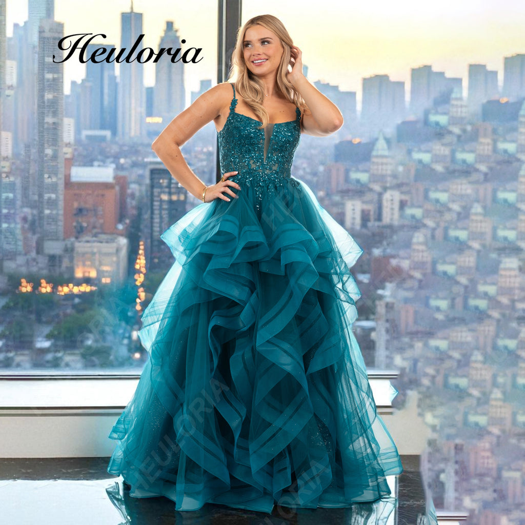 HEULORIA Teal Tiered Tulle Ball Gown with Beaded Bodice and Plunging V-Neck ED-401