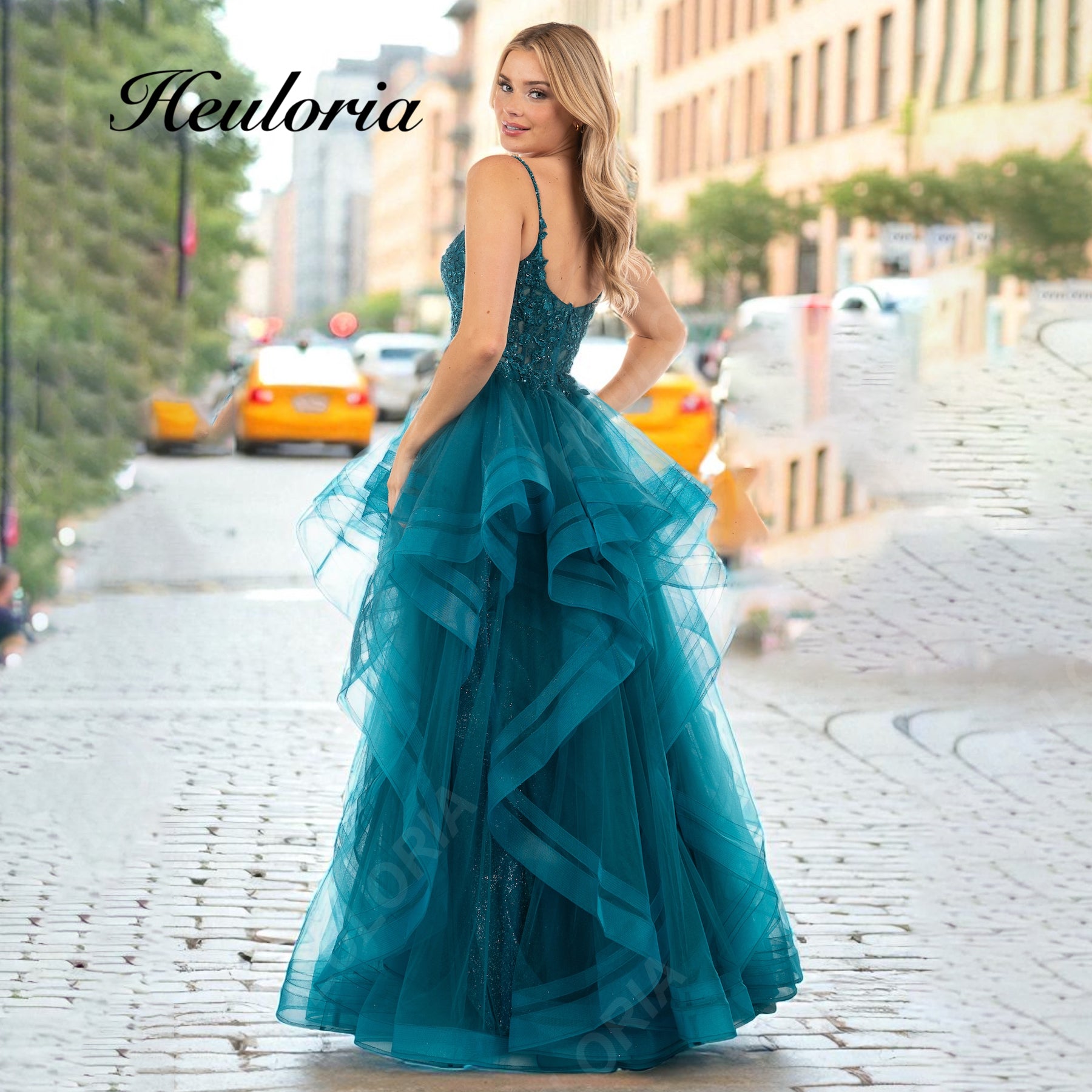 HEULORIA Teal Tiered Tulle Ball Gown with Beaded Bodice and Plunging V-Neck ED-401