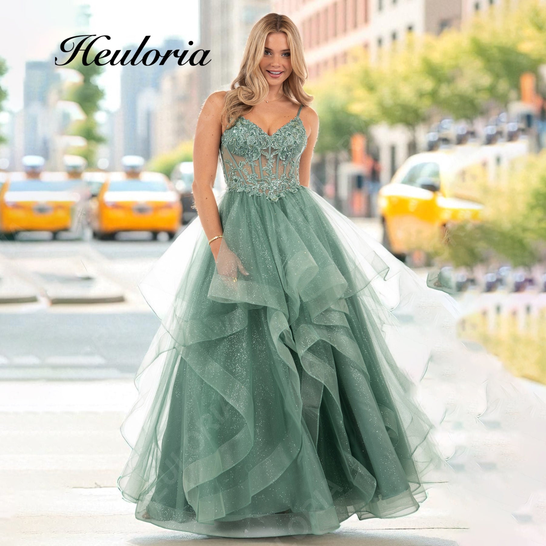 HEULORIA Glitter Tiered Tulle Ball Gown prom dress with Sheer Corset Bodice  ED-402