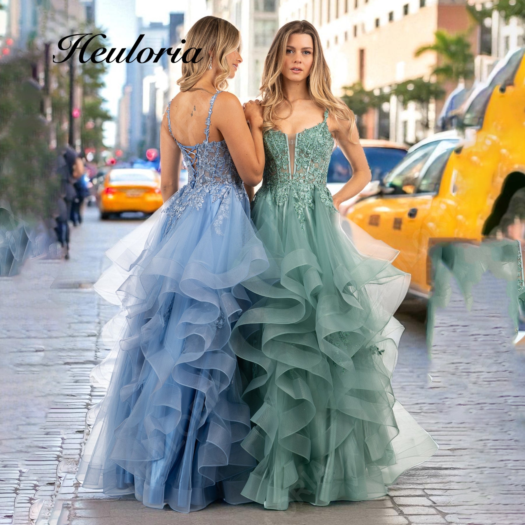 HEULORIA Exquisite Floral Appliqué Tiered Tulle Ball Gown - Plunging V-Neck Spaghetti Strap Formal Dress  ED-403 Image principale du produit