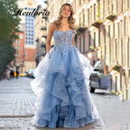 HEULORIA Exquisite Floral Appliqué Tiered Tulle Ball Gown - Plunging V-Neck Spaghetti Strap Formal Dress  ED-403