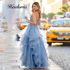 HEULORIA Exquisite Floral Appliqué Tiered Tulle Ball Gown - Plunging V-Neck Spaghetti Strap Formal Dress  ED-403