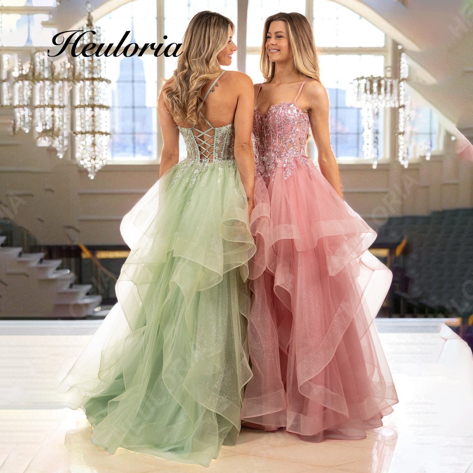 HEULORIA Glitter Tiered Ruffle Tulle Prom Dress - Sweetheart Corset Evening Gown  ED-404