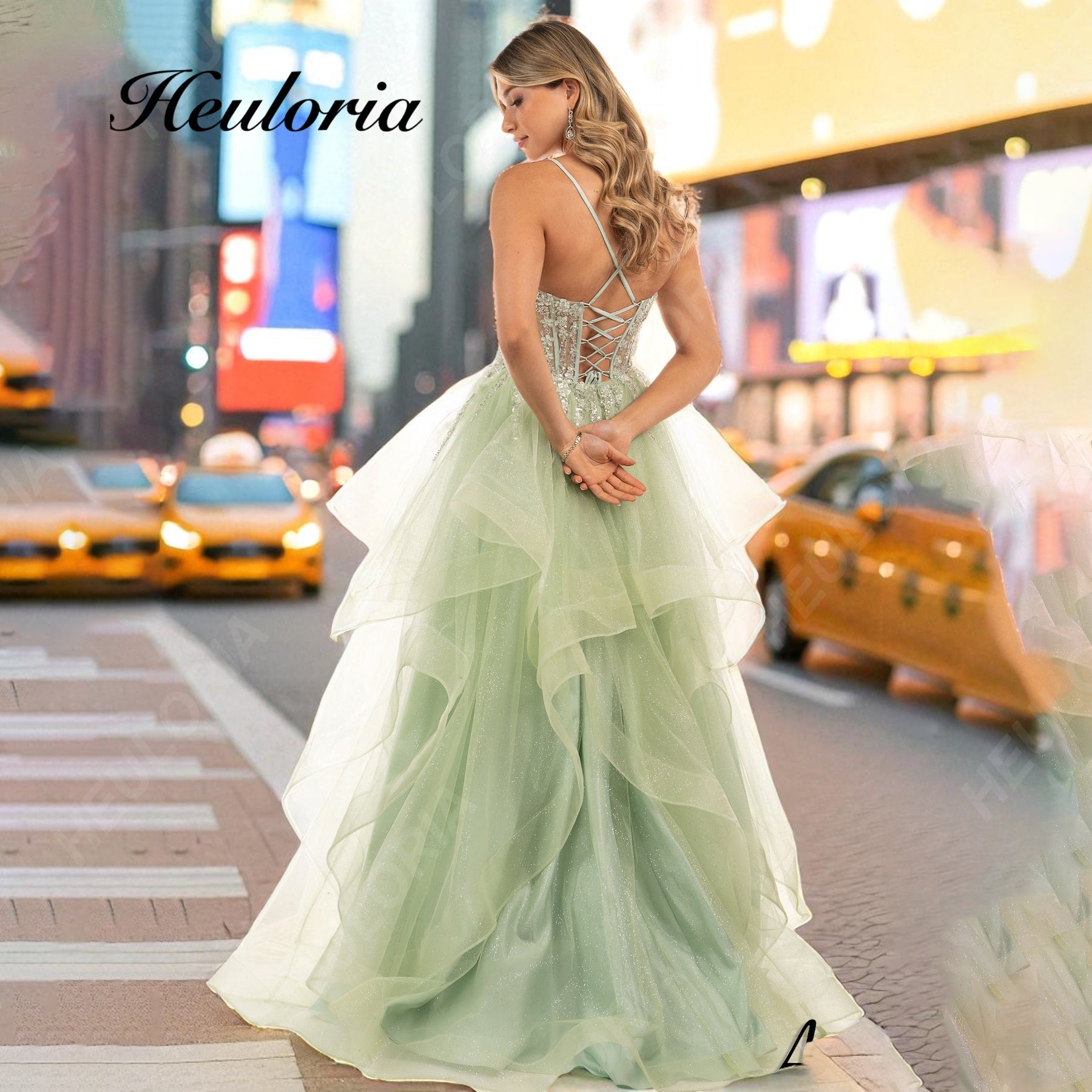 HEULORIA Glitter Tiered Ruffle Tulle Prom Dress - Sweetheart Corset Evening Gown  ED-404