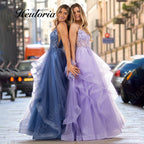 HEULORIA Sparkly V-Neck Ruffled Tulle Prom Dress - Sheer Corset Bodice Tiered Ball Gown ED-405