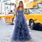 HEULORIA Sparkly V-Neck Ruffled Tulle Prom Dress - Sheer Corset Bodice Tiered Ball Gown ED-405