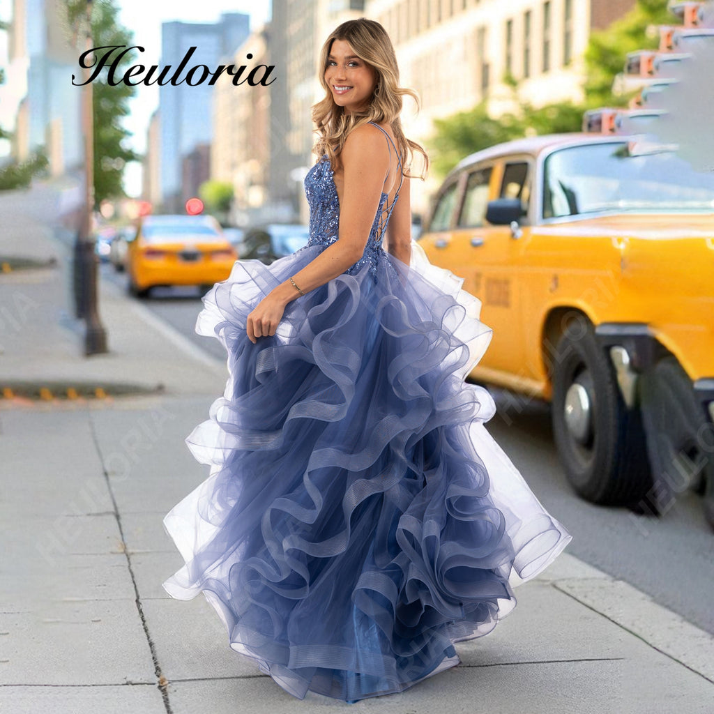 HEULORIA Sparkly V-Neck Ruffled Tulle Prom Dress - Sheer Corset Bodice Tiered Ball Gown ED-405