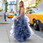 HEULORIA Sparkly V-Neck Ruffled Tulle Prom Dress - Sheer Corset Bodice Tiered Ball Gown ED-405