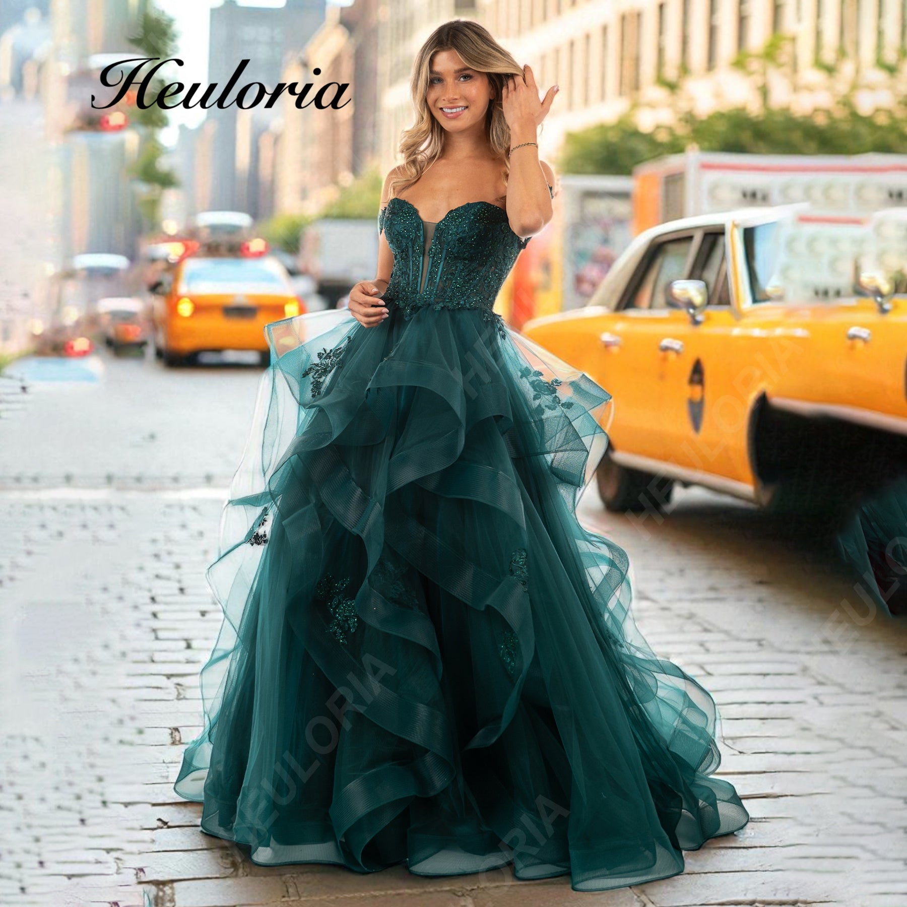 HEULORIA Emerald Green Off-the-Shoulder Ruffled Tulle prom dress with Sweetheart Neckline & Corset Back ED-406