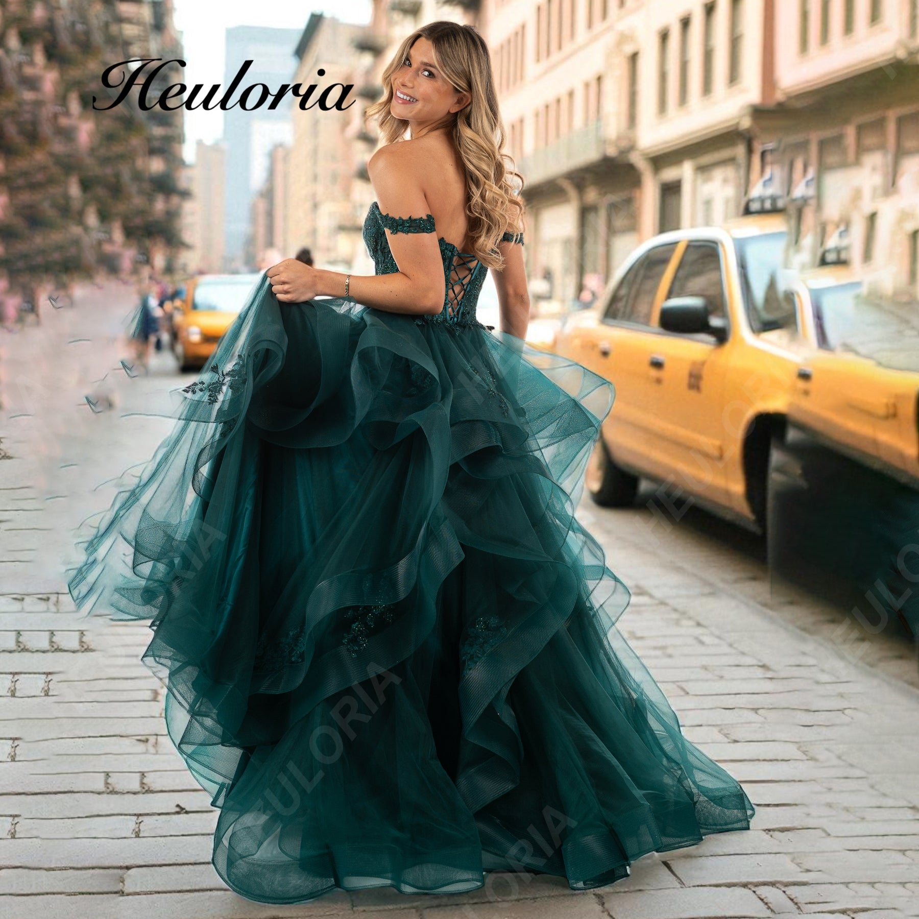 HEULORIA Emerald Green Off-the-Shoulder Ruffled Tulle prom dress with Sweetheart Neckline & Corset Back ED-406 Image secondaire du produit