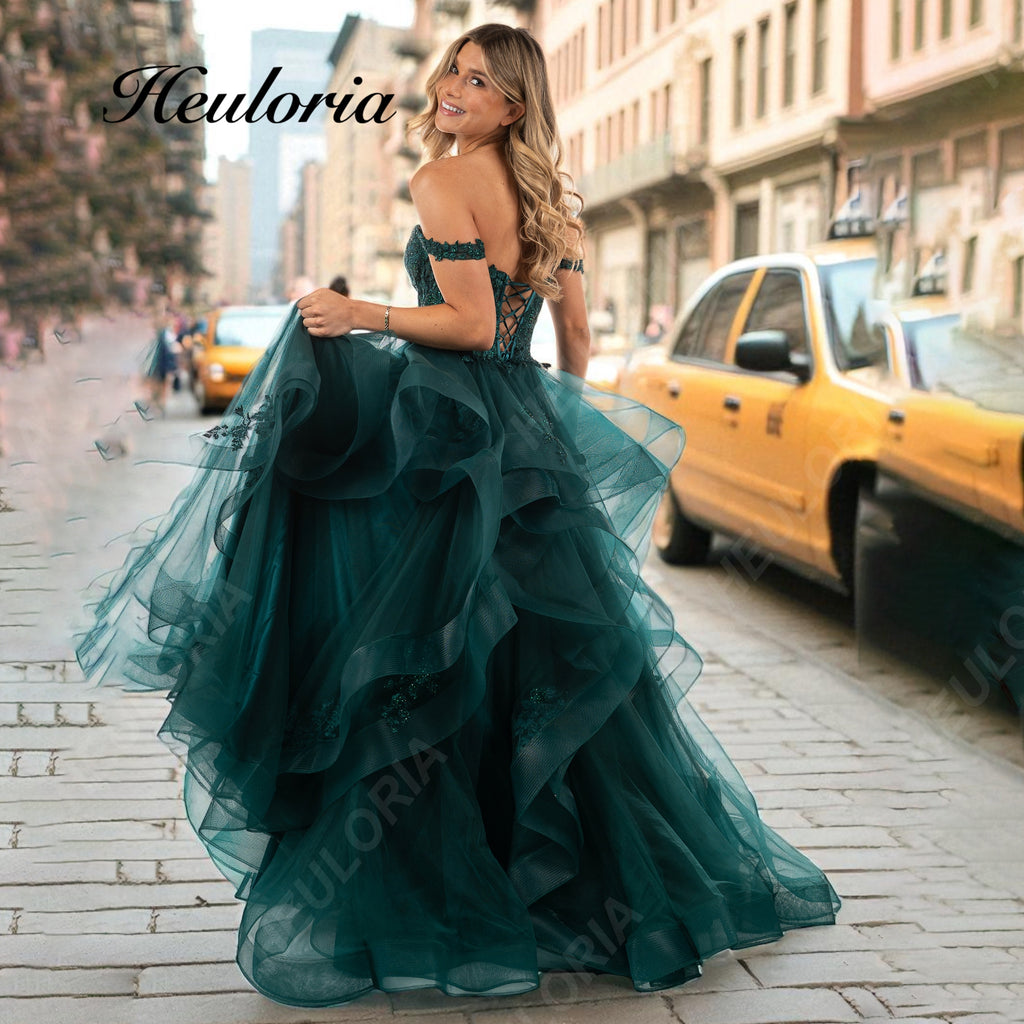 HEULORIA Emerald Green Off-the-Shoulder Ruffled Tulle prom dress with Sweetheart Neckline & Corset Back ED-406