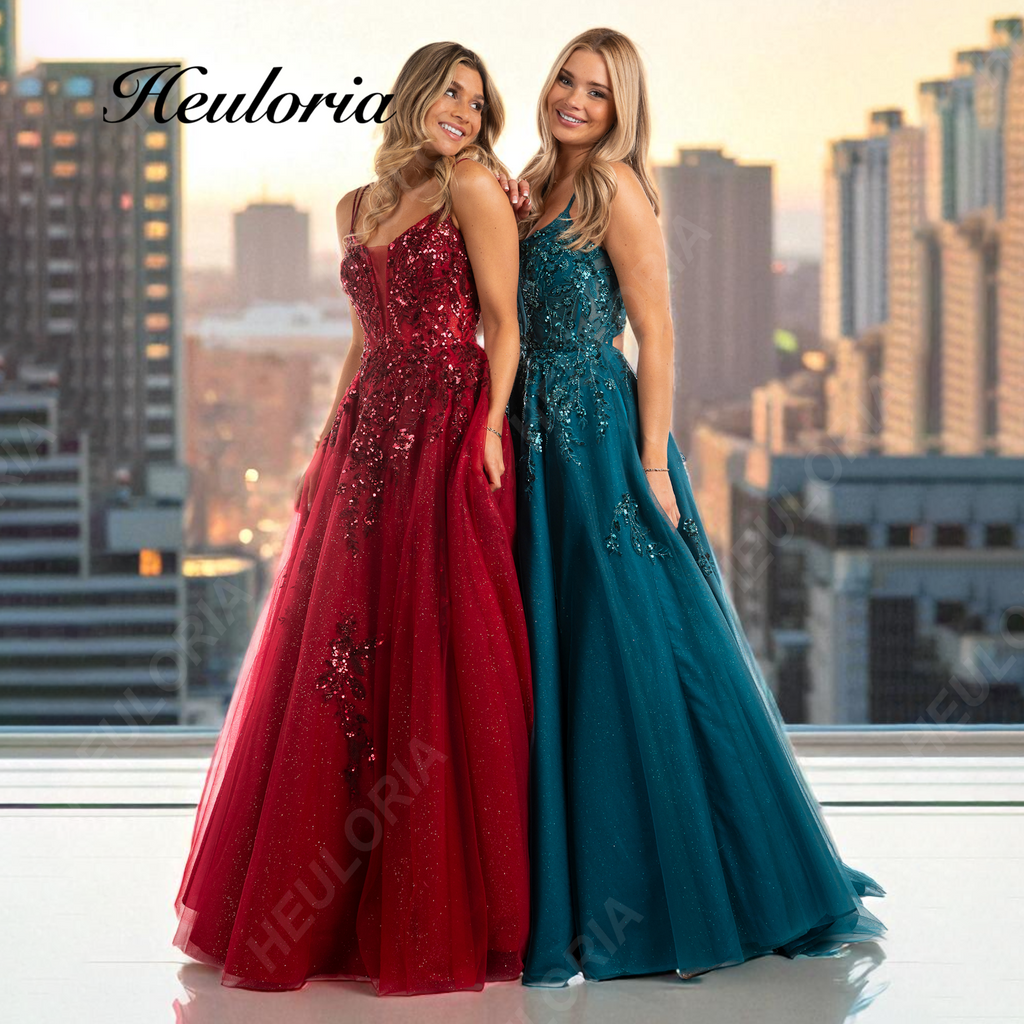 HEULORIA Sequined Floral Embroidery A-Line Prom Dress with Sheer V-Neck and Lace-Up Back ED-407