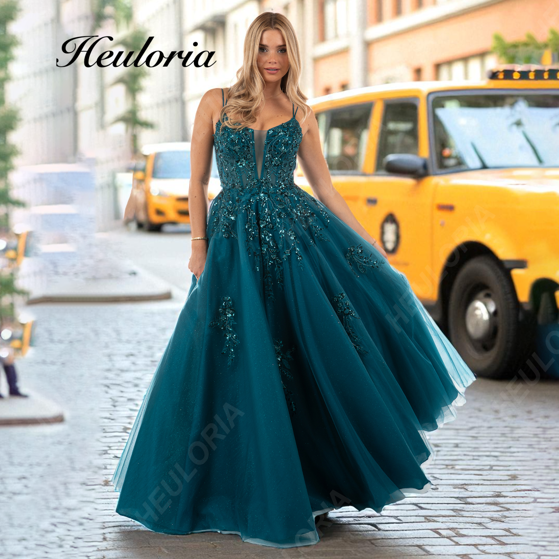 HEULORIA Sequined Floral Embroidery A-Line Prom Dress with Sheer V-Neck and Lace-Up Back ED-407 Image principale du produit