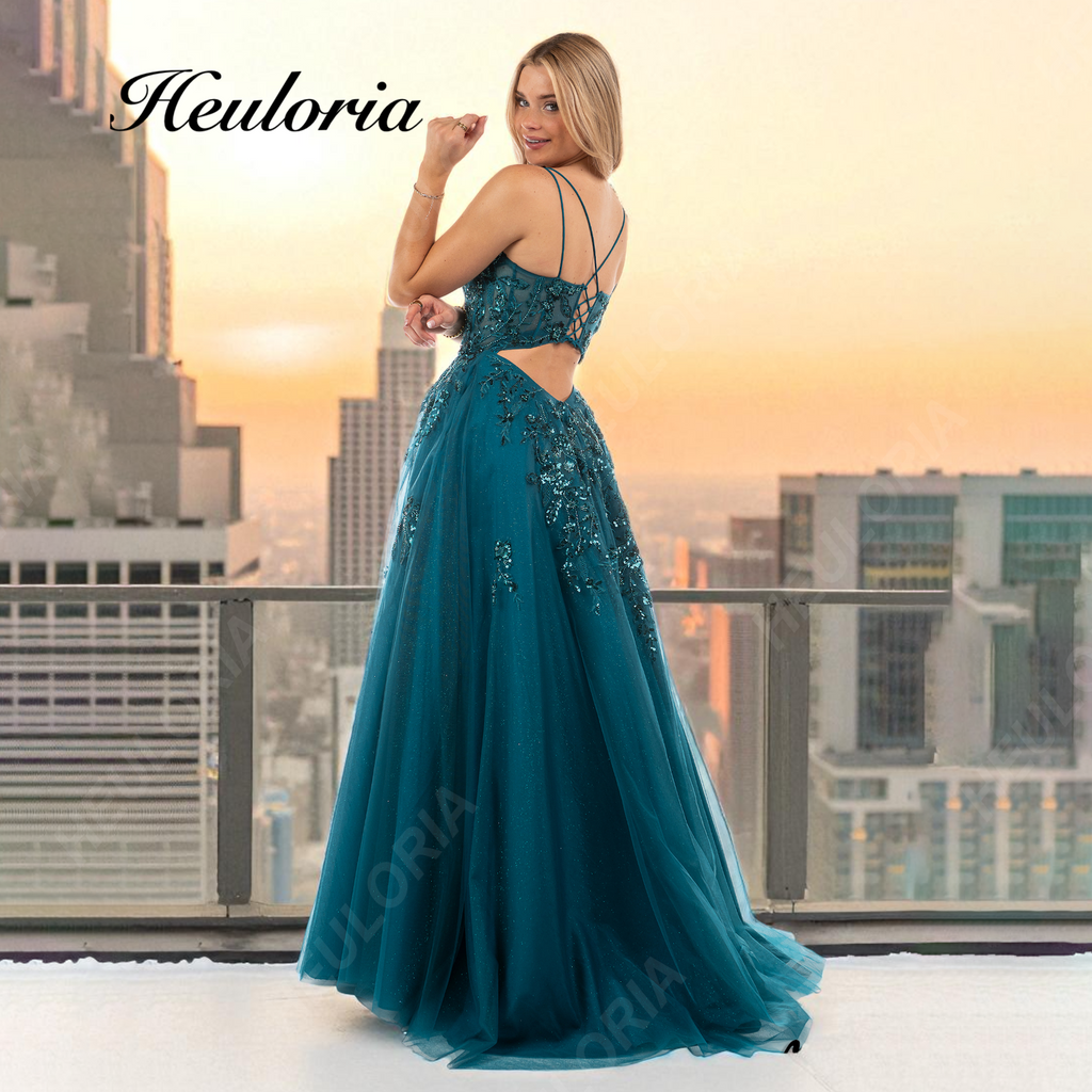 HEULORIA Sequined Floral Embroidery A-Line Prom Dress with Sheer V-Neck and Lace-Up Back ED-407