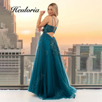 HEULORIA Sequined Floral Embroidery A-Line Prom Dress with Sheer V-Neck and Lace-Up Back ED-407