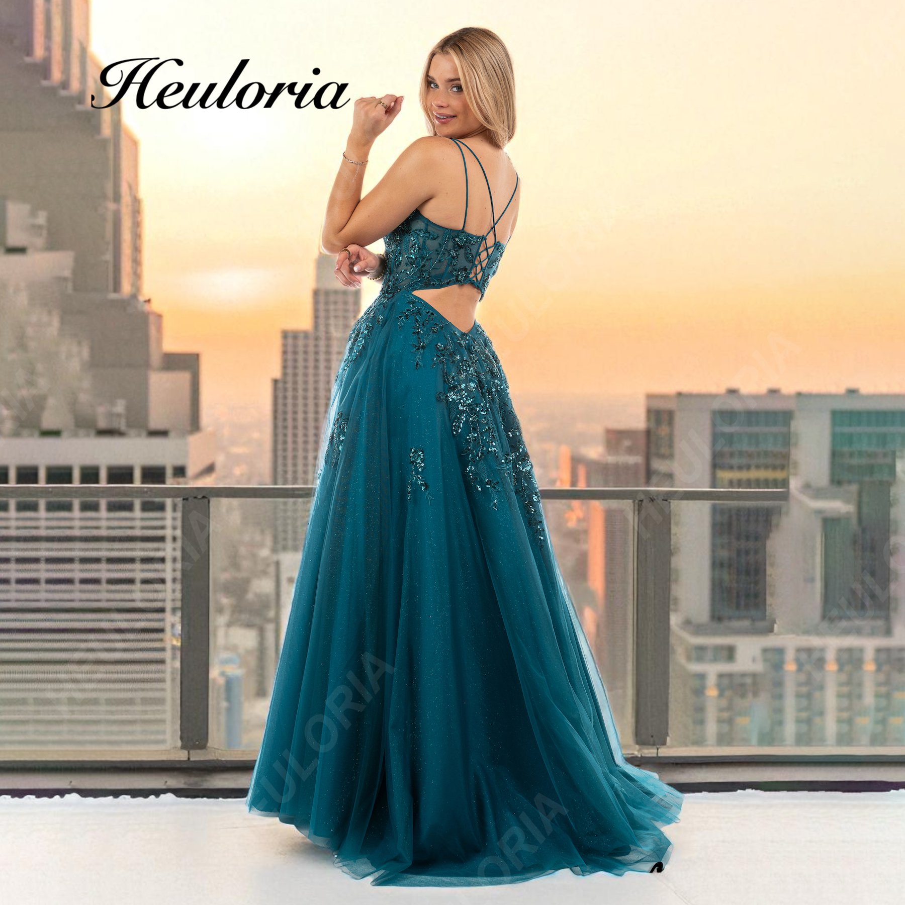 HEULORIA Sequined Floral Embroidery A-Line Prom Dress with Sheer V-Neck and Lace-Up Back ED-407