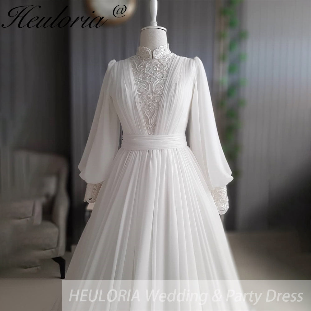 HEULORIA elegant lace beading Muslim ball gown Wedding Dress long sleeve high neck bride dress plus size bride Wedding Gown AL-354 Immagine secondaria del prodotto