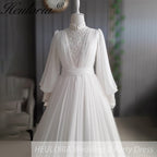 HEULORIA elegant lace beading Muslim ball gown Wedding Dress long sleeve high neck bride dress plus size bride Wedding Gown AL-354