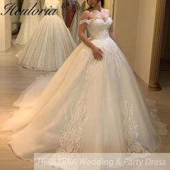 Princess Ball Gown Wedding Dress off shoulder lace bride dress organza plus size robe de mariee Lace beading Wedding Bridal Gown