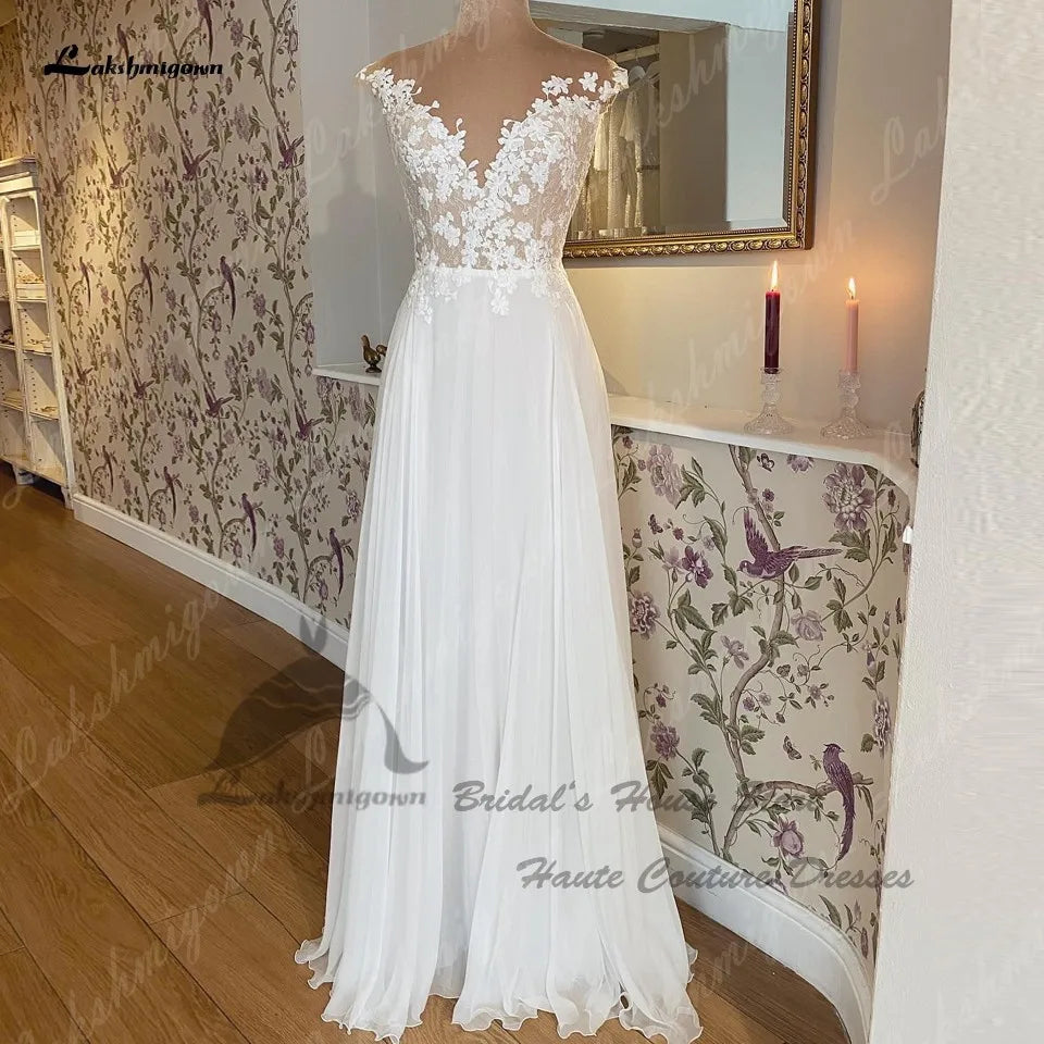 HEULORIA A Line Chiffon Beach Wedding Dress for Women Vestidos de Novia Customized Bridal Long Boho Dresses Lace Bodice AL-930