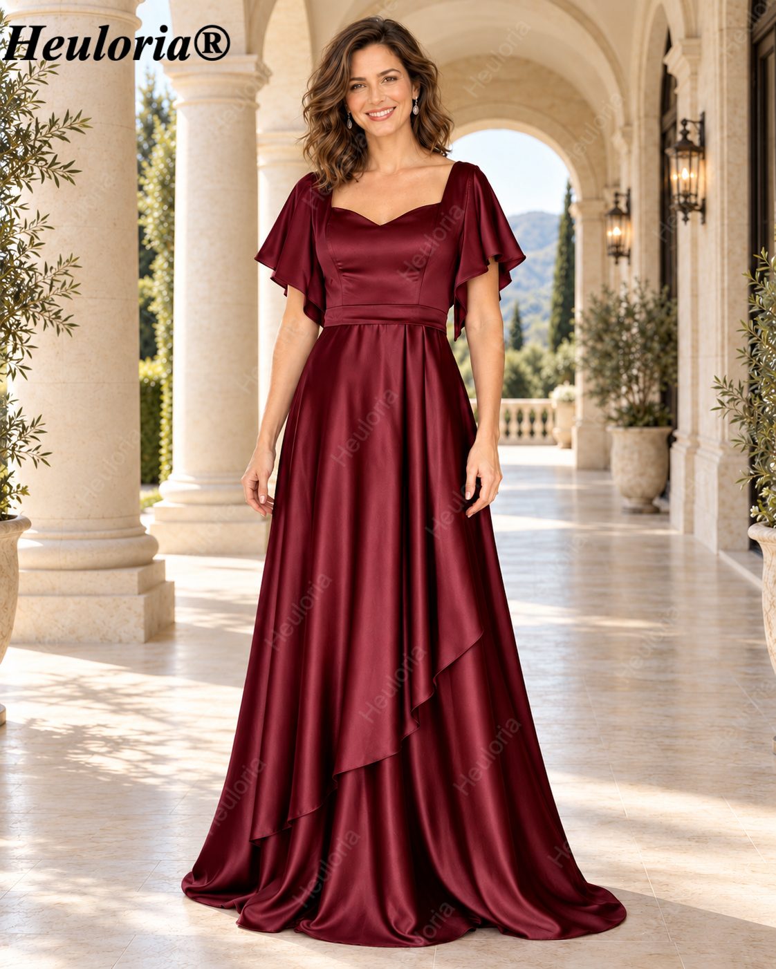 heuloria-Flutter Sleeve Satin Mother of the Bride Dress with Layered Skirts-ed-380