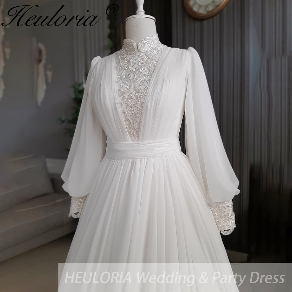 HEULORIA elegant lace beading Muslim ball gown Wedding Dress long sleeve high neck bride dress plus size bride Wedding Gown AL-354