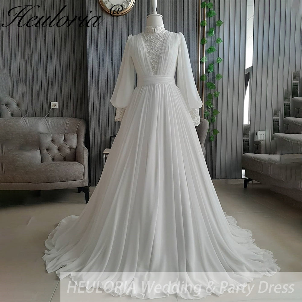 HEULORIA elegant lace beading Muslim ball gown Wedding Dress long sleeve high neck bride dress plus size bride Wedding Gown AL-354 Immagine principale del prodotto