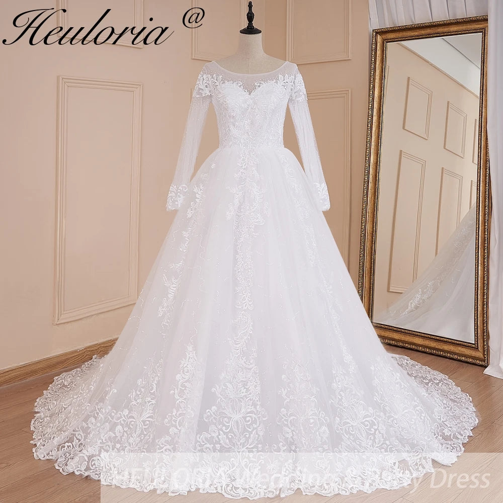 HEULORIA Ball-Gown/Princess Scoop Illusion long sleeve Cathedral Train Tulle Lace Wedding Dress With Sequins BA-574