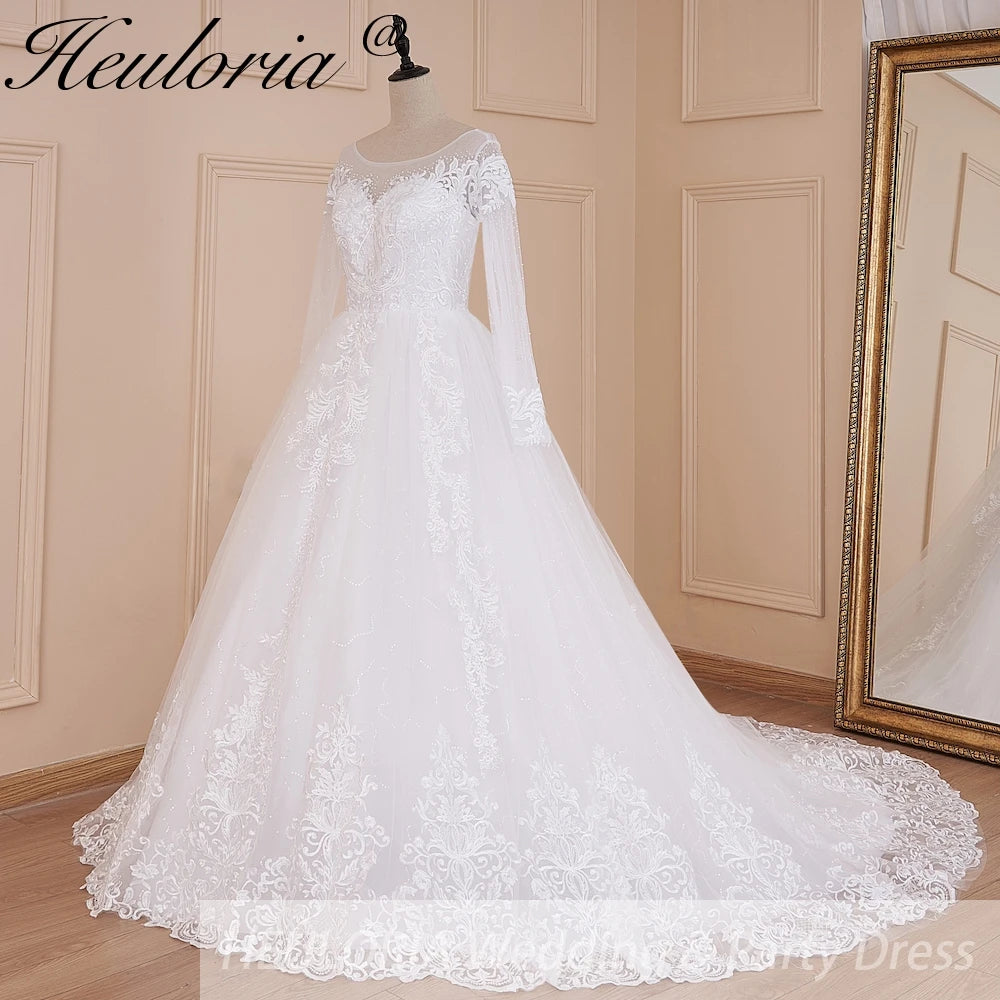 HEULORIA Ball-Gown/Princess Scoop Illusion long sleeve Cathedral Train Tulle Lace Wedding Dress With Sequins BA-574