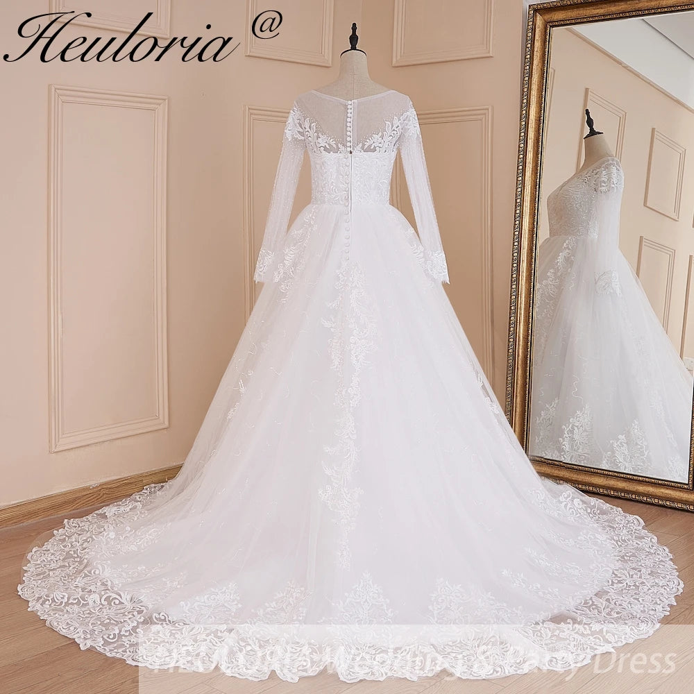 HEULORIA Ball-Gown/Princess Scoop Illusion long sleeve Cathedral Train Tulle Lace Wedding Dress With Sequins BA-574