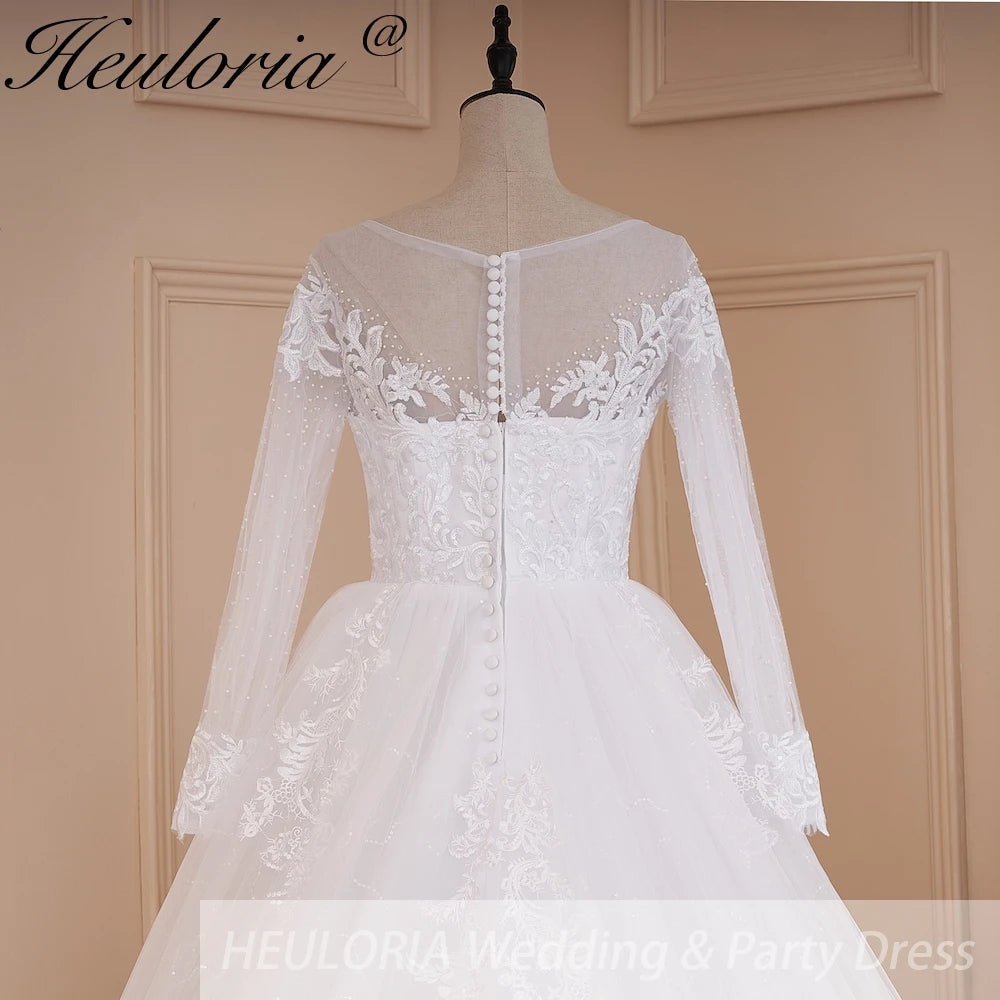 HEULORIA Ball-Gown/Princess Scoop Illusion long sleeve Cathedral Train Tulle Lace Wedding Dress With Sequins BA-574