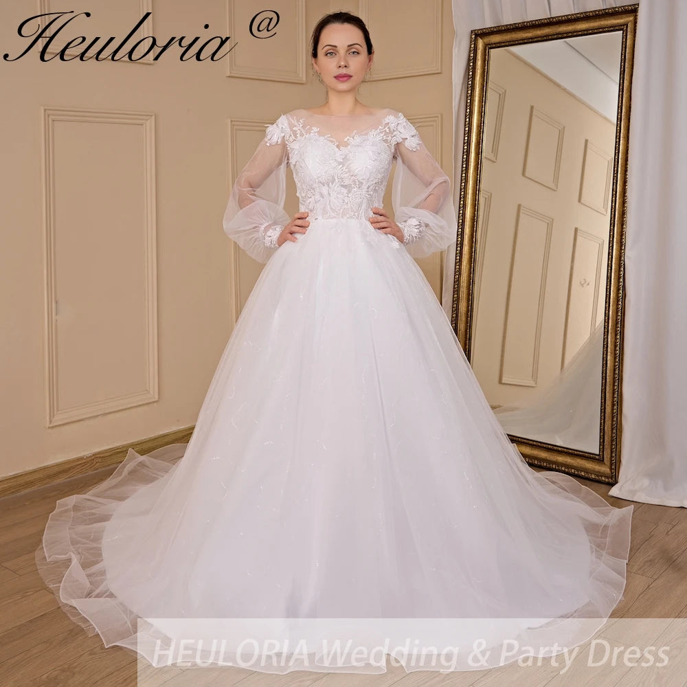 HEULORIA elegant A line long sleeve Court Train Tulle Lace Wedding Dress With Sequins Beading AL-724