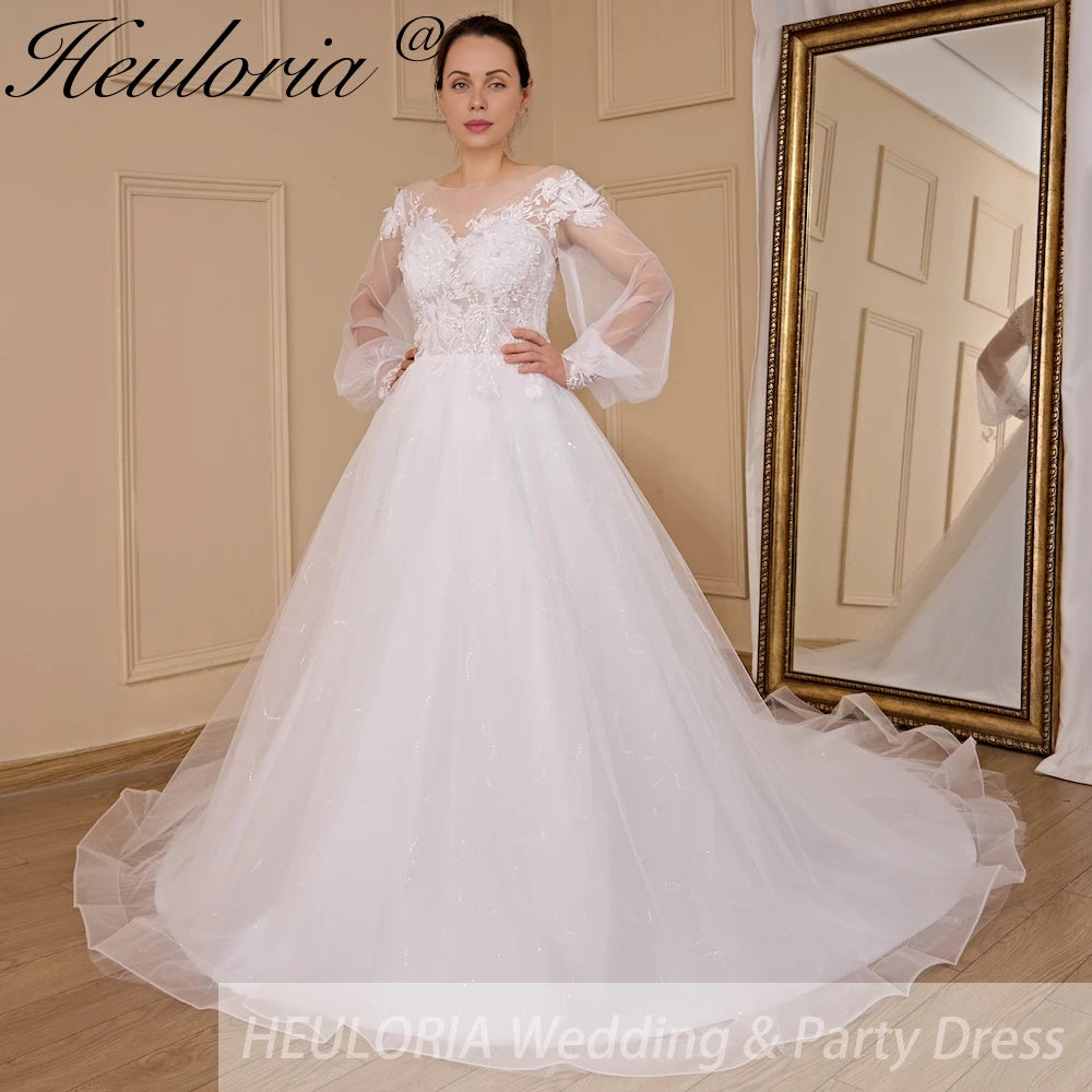 HEULORIA elegant A line long sleeve Court Train Tulle Lace Wedding Dress With Sequins Beading AL-724